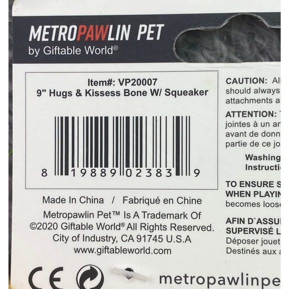 Hugs Kisses Bone Dog Toy‎ Plush Squeaker Metro Pawlin Pet 9 Inch - Picture 5 of 8